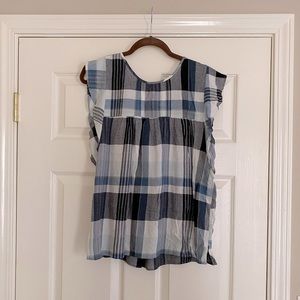 Loft; women’s size S; blue + white plaid; ruffle sleeve; crew neck